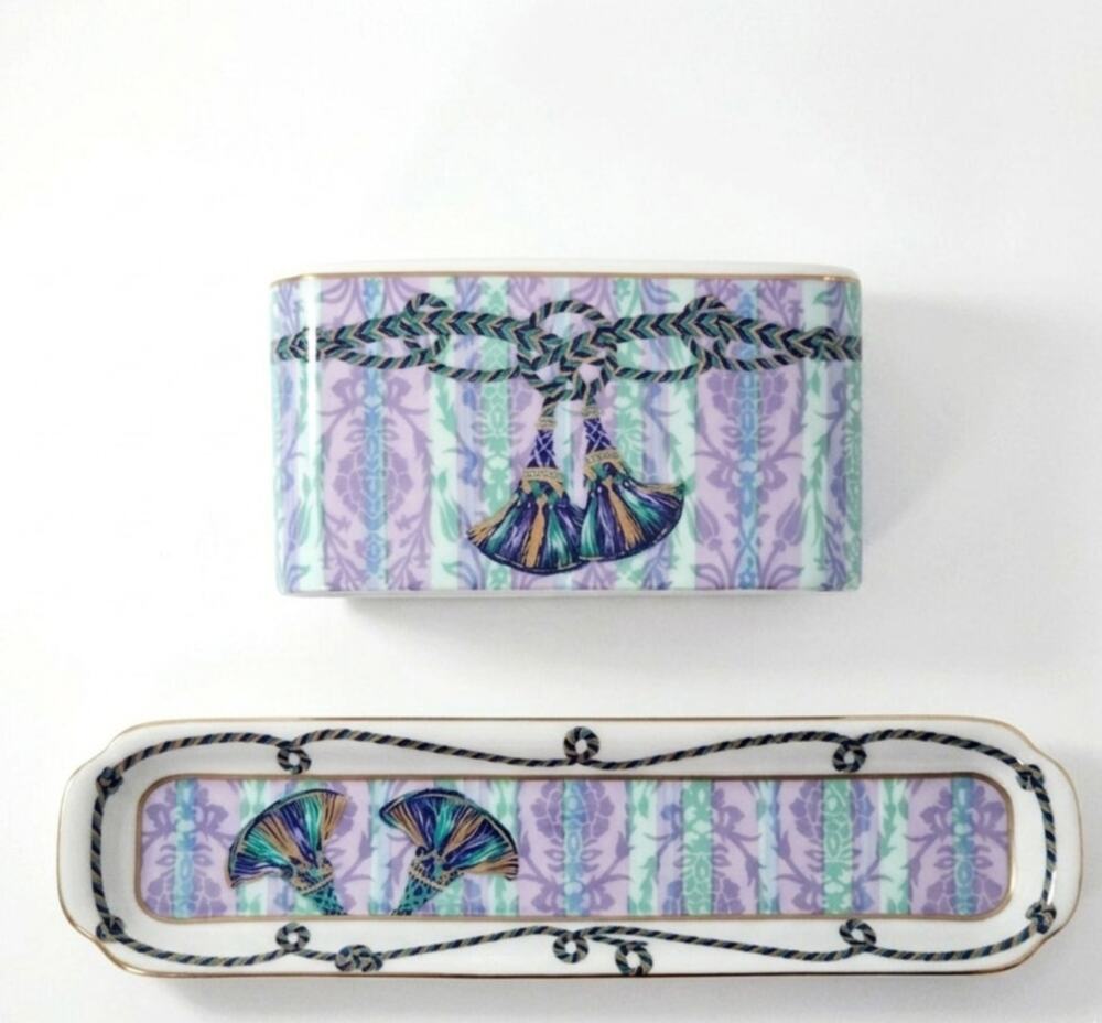 Vintage Neiman Marcus Desk Set Pen & Note Holder w/ Tray, Lavender & Teal Tassel